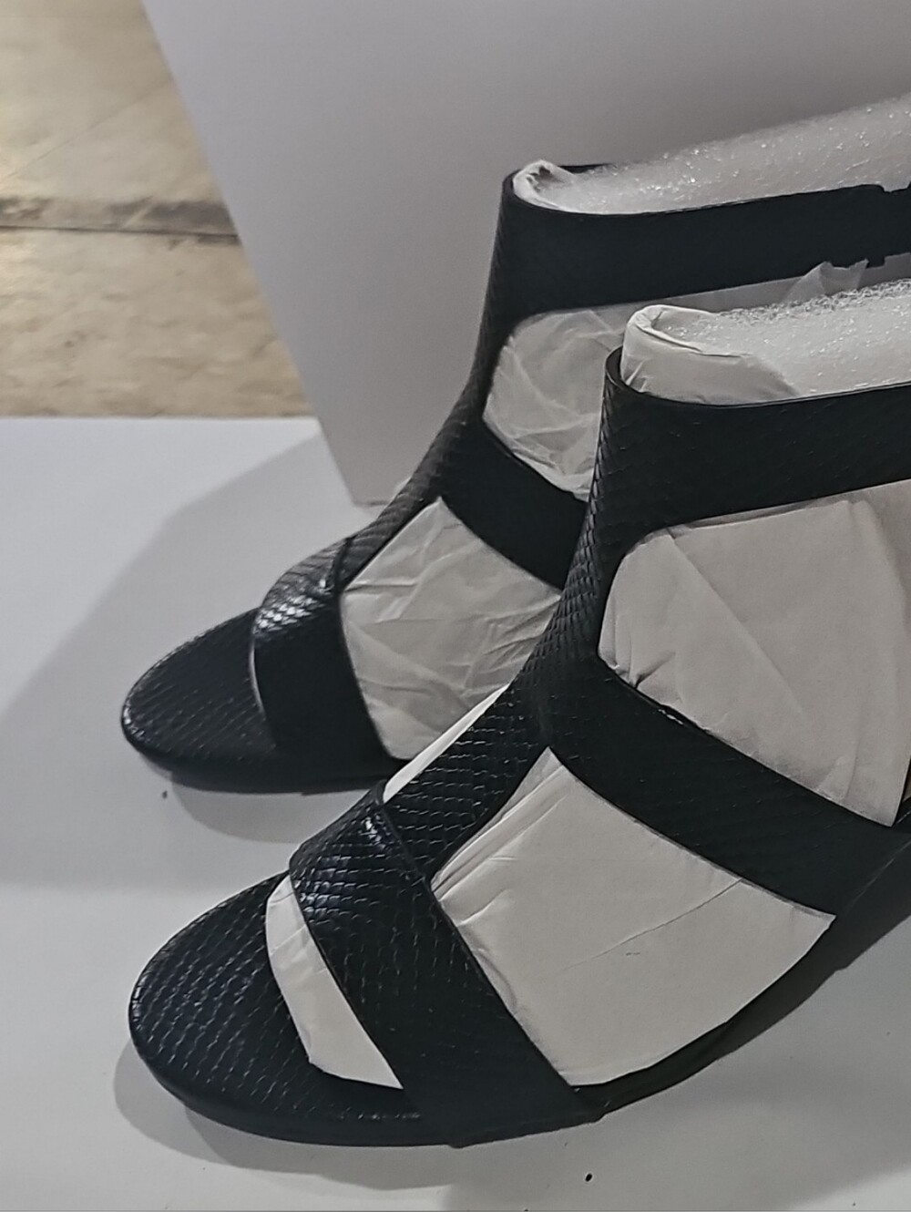 new directions Black Strappy Wedge Sandals